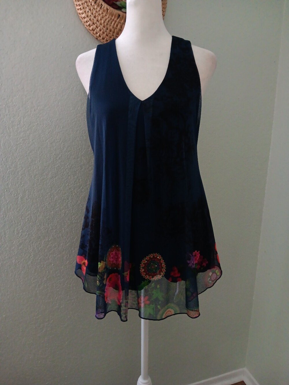 Desigual Navy V-Neck Sleeveless Tunic with Multicolor Floral Hem